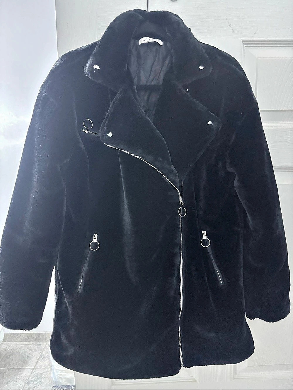 only one Black Faux Fur-Look Moto Jacket Like New